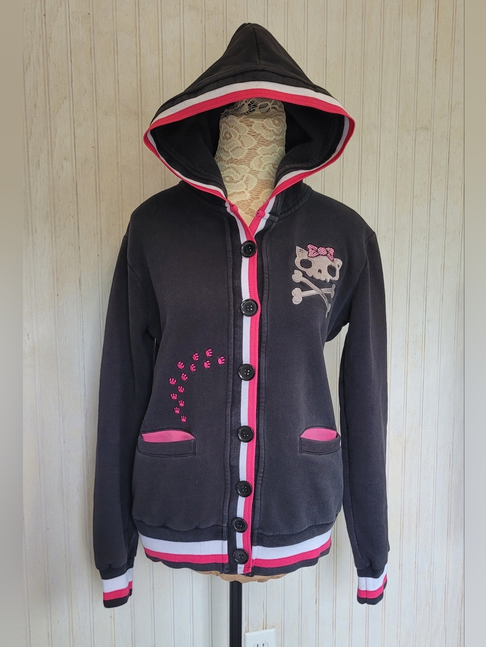 Y2K Vintage Black Pink Criminal Damage Skull Cat Button Up Hoodie Large